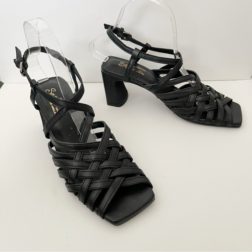 Seychelles Black Charter Strappy Leather Ankle Strap Block Heel Sandals Size 7.5